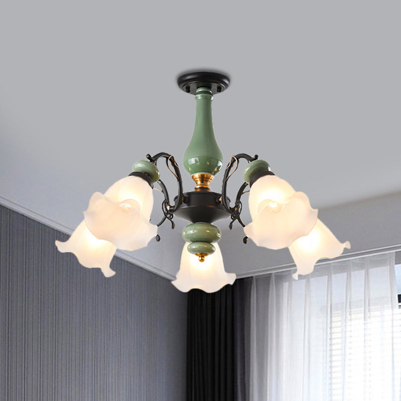 Gold/Black Floral Semi Mount Lighting Traditional Opal Glass 3/5 Heads Bedroom Close to Ceiling Lamp Clearhalo 'Ceiling Lights' 'Close To Ceiling Lights' 'Close to ceiling' 'Glass shade' 'Glass' 'Semi-flushmount' Lighting' 808652