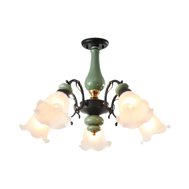 Gold/Black Floral Semi Mount Lighting Traditional Opal Glass 3/5 Heads Bedroom Close to Ceiling Lamp Clearhalo 'Ceiling Lights' 'Close To Ceiling Lights' 'Close to ceiling' 'Glass shade' 'Glass' 'Semi-flushmount' Lighting' 808654