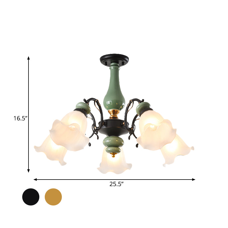 Gold/Black Floral Semi Mount Lighting Traditional Opal Glass 3/5 Heads Bedroom Close to Ceiling Lamp Clearhalo 'Ceiling Lights' 'Close To Ceiling Lights' 'Close to ceiling' 'Glass shade' 'Glass' 'Semi-flushmount' Lighting' 808655