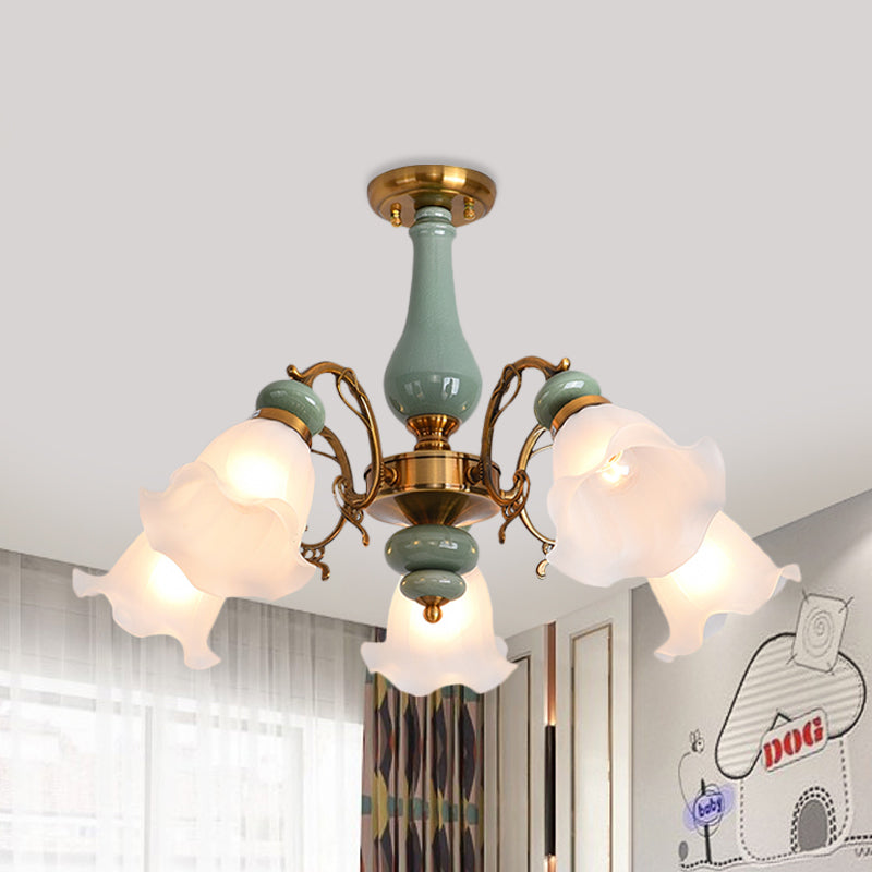 Gold/Black Floral Semi Mount Lighting Traditional Opal Glass 3/5 Heads Bedroom Close to Ceiling Lamp 5 Gold Clearhalo 'Ceiling Lights' 'Close To Ceiling Lights' 'Close to ceiling' 'Glass shade' 'Glass' 'Semi-flushmount' Lighting' 808656