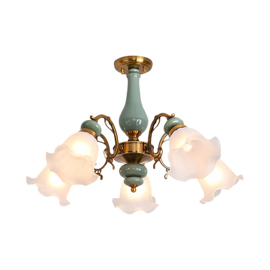 Gold/Black Floral Semi Mount Lighting Traditional Opal Glass 3/5 Heads Bedroom Close to Ceiling Lamp Clearhalo 'Ceiling Lights' 'Close To Ceiling Lights' 'Close to ceiling' 'Glass shade' 'Glass' 'Semi-flushmount' Lighting' 808659