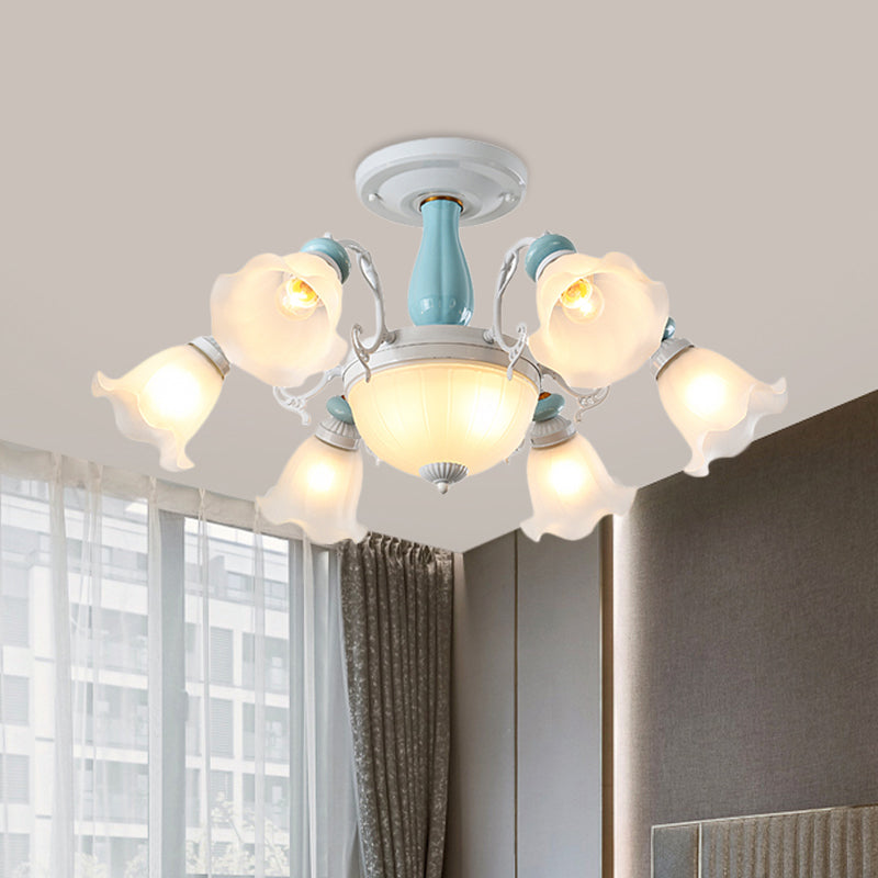 8-Bulb Semi Flush Light Fixture Colonial Style Flower White Glass Flush Ceiling Lamp with Ceramics Detail White Clearhalo 'Ceiling Lights' 'Close To Ceiling Lights' 'Close to ceiling' 'Semi-flushmount' Lighting' 808660