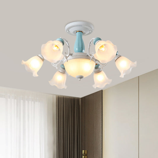 8-Bulb Semi Flush Light Fixture Colonial Style Flower White Glass Flush Ceiling Lamp with Ceramics Detail Clearhalo 'Ceiling Lights' 'Close To Ceiling Lights' 'Close to ceiling' 'Semi-flushmount' Lighting' 808661