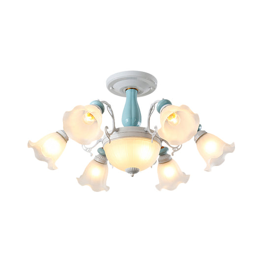 8-Bulb Semi Flush Light Fixture Colonial Style Flower White Glass Flush Ceiling Lamp with Ceramics Detail Clearhalo 'Ceiling Lights' 'Close To Ceiling Lights' 'Close to ceiling' 'Semi-flushmount' Lighting' 808662