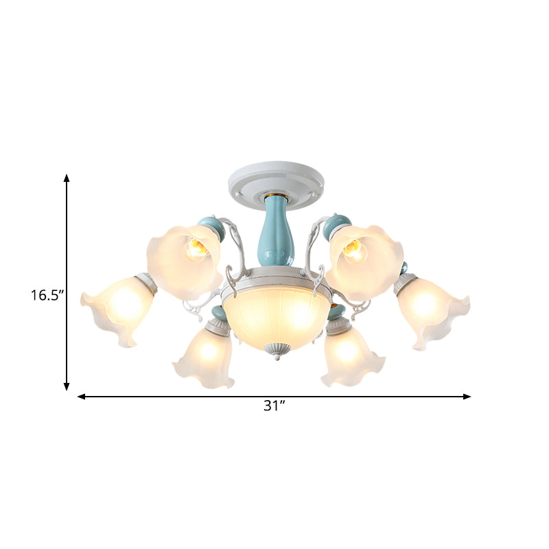 8-Bulb Semi Flush Light Fixture Colonial Style Flower White Glass Flush Ceiling Lamp with Ceramics Detail Clearhalo 'Ceiling Lights' 'Close To Ceiling Lights' 'Close to ceiling' 'Semi-flushmount' Lighting' 808663