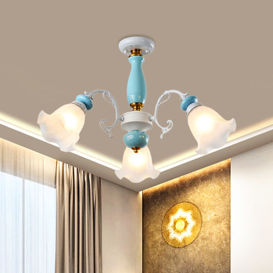 Floral White Glass Semi-Flush Ceiling Light Traditional 3/5 Lights Bedroom Flush Mount Lamp in Light Blue 3 White Clearhalo 'Ceiling Lights' 'Close To Ceiling Lights' 'Close to ceiling' 'Glass shade' 'Glass' 'Semi-flushmount' Lighting' 808664