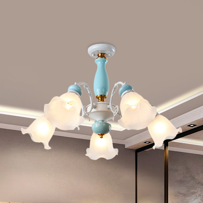 Floral White Glass Semi-Flush Ceiling Light Traditional 3/5 Lights Bedroom Flush Mount Lamp in Light Blue 5 White Clearhalo 'Ceiling Lights' 'Close To Ceiling Lights' 'Close to ceiling' 'Glass shade' 'Glass' 'Semi-flushmount' Lighting' 808668