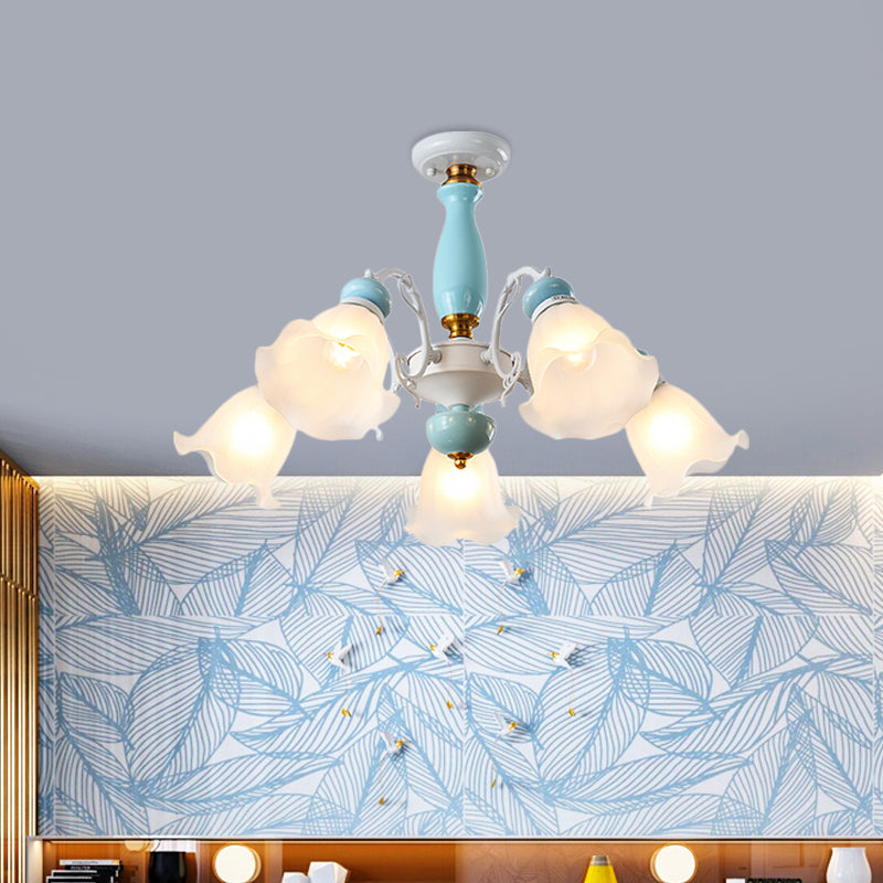 Floral White Glass Semi-Flush Ceiling Light Traditional 3/5 Lights Bedroom Flush Mount Lamp in Light Blue Clearhalo 'Ceiling Lights' 'Close To Ceiling Lights' 'Close to ceiling' 'Glass shade' 'Glass' 'Semi-flushmount' Lighting' 808670