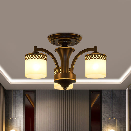 Traditional Cylinder Semi Flush Lighting 3/6/8 Bulbs Frosted Glass Flush Mount Ceiling Lamp in Black 3 Black Clearhalo 'Ceiling Lights' 'Close To Ceiling Lights' 'Close to ceiling' 'Glass shade' 'Glass' 'Pendant Lights' 'Semi-flushmount' Lighting' 808673