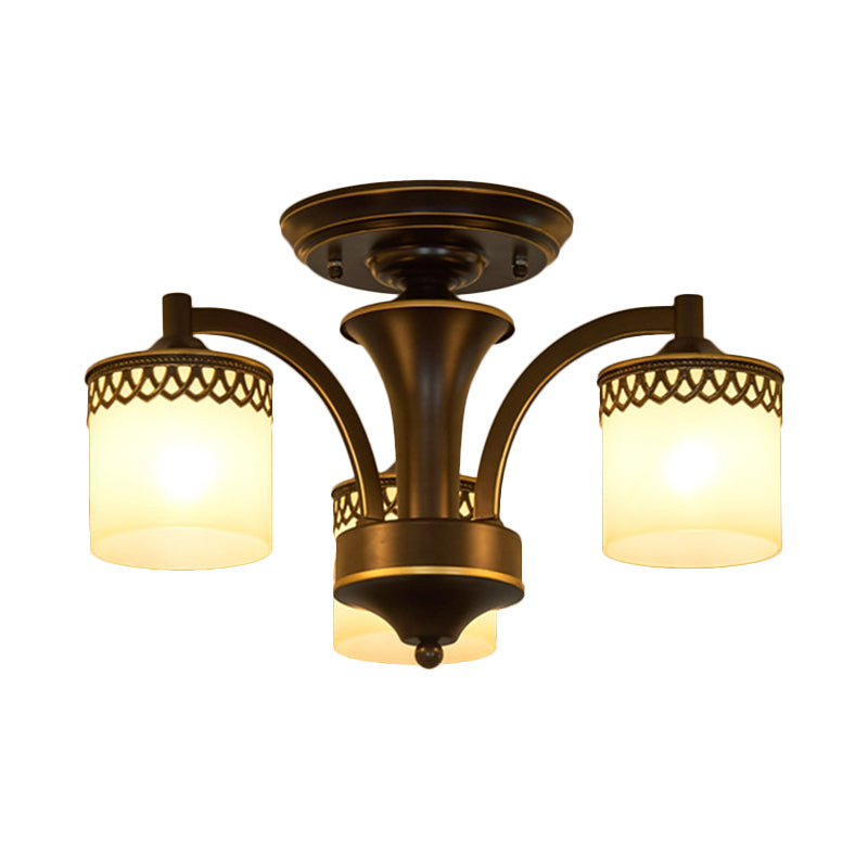 Traditional Cylinder Semi Flush Lighting 3/6/8 Bulbs Frosted Glass Flush Mount Ceiling Lamp in Black Clearhalo 'Ceiling Lights' 'Close To Ceiling Lights' 'Close to ceiling' 'Glass shade' 'Glass' 'Pendant Lights' 'Semi-flushmount' Lighting' 808674