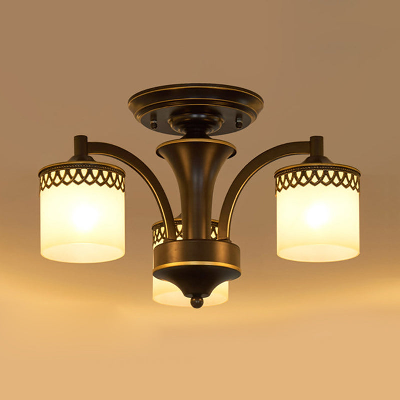 Traditional Cylinder Semi Flush Lighting 3/6/8 Bulbs Frosted Glass Flush Mount Ceiling Lamp in Black Clearhalo 'Ceiling Lights' 'Close To Ceiling Lights' 'Close to ceiling' 'Glass shade' 'Glass' 'Pendant Lights' 'Semi-flushmount' Lighting' 808675