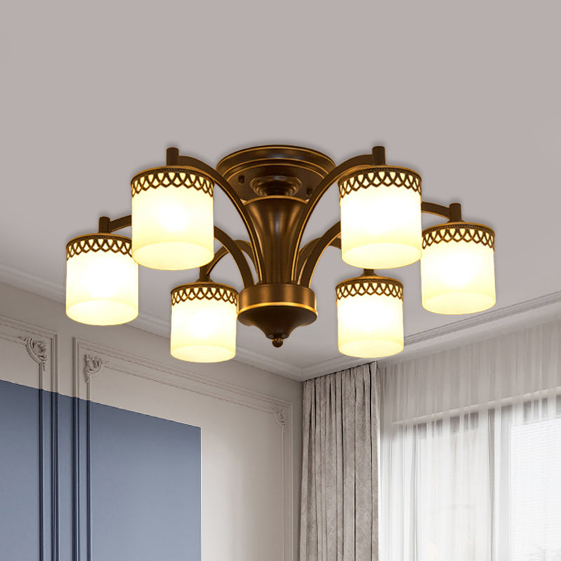 Traditional Cylinder Semi Flush Lighting 3/6/8 Bulbs Frosted Glass Flush Mount Ceiling Lamp in Black Clearhalo 'Ceiling Lights' 'Close To Ceiling Lights' 'Close to ceiling' 'Glass shade' 'Glass' 'Pendant Lights' 'Semi-flushmount' Lighting' 808678