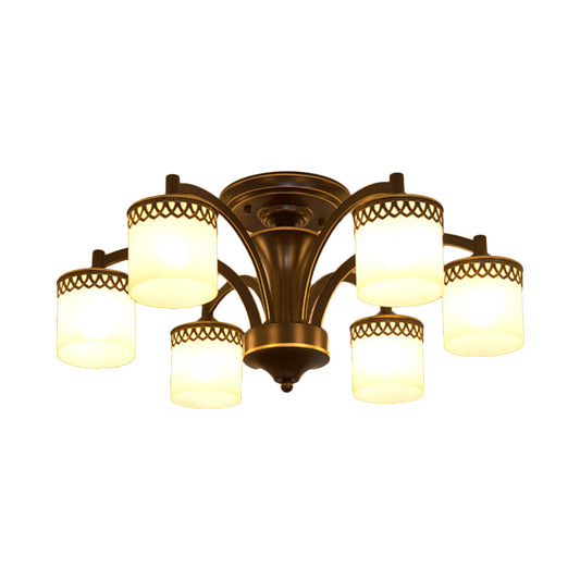 Traditional Cylinder Semi Flush Lighting 3/6/8 Bulbs Frosted Glass Flush Mount Ceiling Lamp in Black Clearhalo 'Ceiling Lights' 'Close To Ceiling Lights' 'Close to ceiling' 'Glass shade' 'Glass' 'Pendant Lights' 'Semi-flushmount' Lighting' 808679