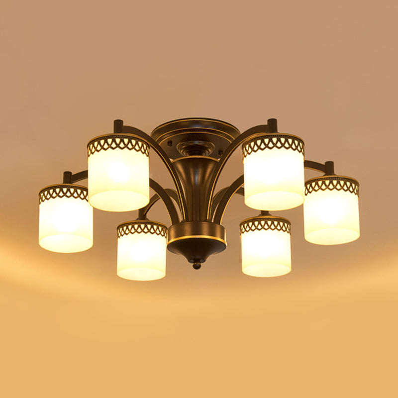 Traditional Cylinder Semi Flush Lighting 3/6/8 Bulbs Frosted Glass Flush Mount Ceiling Lamp in Black Clearhalo 'Ceiling Lights' 'Close To Ceiling Lights' 'Close to ceiling' 'Glass shade' 'Glass' 'Pendant Lights' 'Semi-flushmount' Lighting' 808680