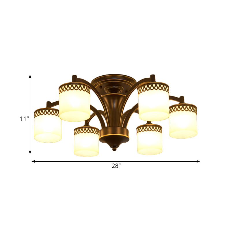 Traditional Cylinder Semi Flush Lighting 3/6/8 Bulbs Frosted Glass Flush Mount Ceiling Lamp in Black Clearhalo 'Ceiling Lights' 'Close To Ceiling Lights' 'Close to ceiling' 'Glass shade' 'Glass' 'Pendant Lights' 'Semi-flushmount' Lighting' 808681