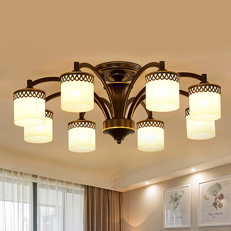 Traditional Cylinder Semi Flush Lighting 3/6/8 Bulbs Frosted Glass Flush Mount Ceiling Lamp in Black 8 Black Clearhalo 'Ceiling Lights' 'Close To Ceiling Lights' 'Close to ceiling' 'Glass shade' 'Glass' 'Pendant Lights' 'Semi-flushmount' Lighting' 808682