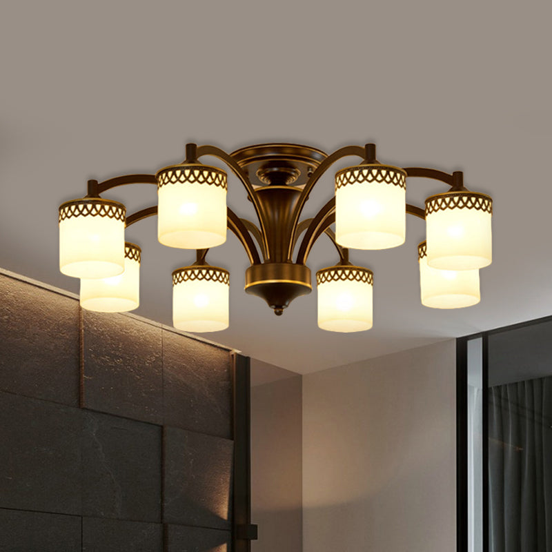 Traditional Cylinder Semi Flush Lighting 3/6/8 Bulbs Frosted Glass Flush Mount Ceiling Lamp in Black Clearhalo 'Ceiling Lights' 'Close To Ceiling Lights' 'Close to ceiling' 'Glass shade' 'Glass' 'Pendant Lights' 'Semi-flushmount' Lighting' 808683