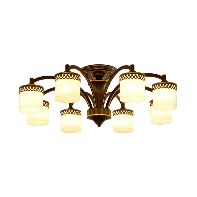 Traditional Cylinder Semi Flush Lighting 3/6/8 Bulbs Frosted Glass Flush Mount Ceiling Lamp in Black Clearhalo 'Ceiling Lights' 'Close To Ceiling Lights' 'Close to ceiling' 'Glass shade' 'Glass' 'Pendant Lights' 'Semi-flushmount' Lighting' 808684