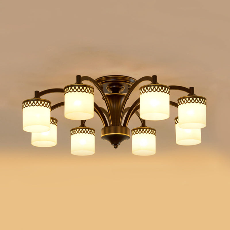 Traditional Cylinder Semi Flush Lighting 3/6/8 Bulbs Frosted Glass Flush Mount Ceiling Lamp in Black Clearhalo 'Ceiling Lights' 'Close To Ceiling Lights' 'Close to ceiling' 'Glass shade' 'Glass' 'Pendant Lights' 'Semi-flushmount' Lighting' 808685