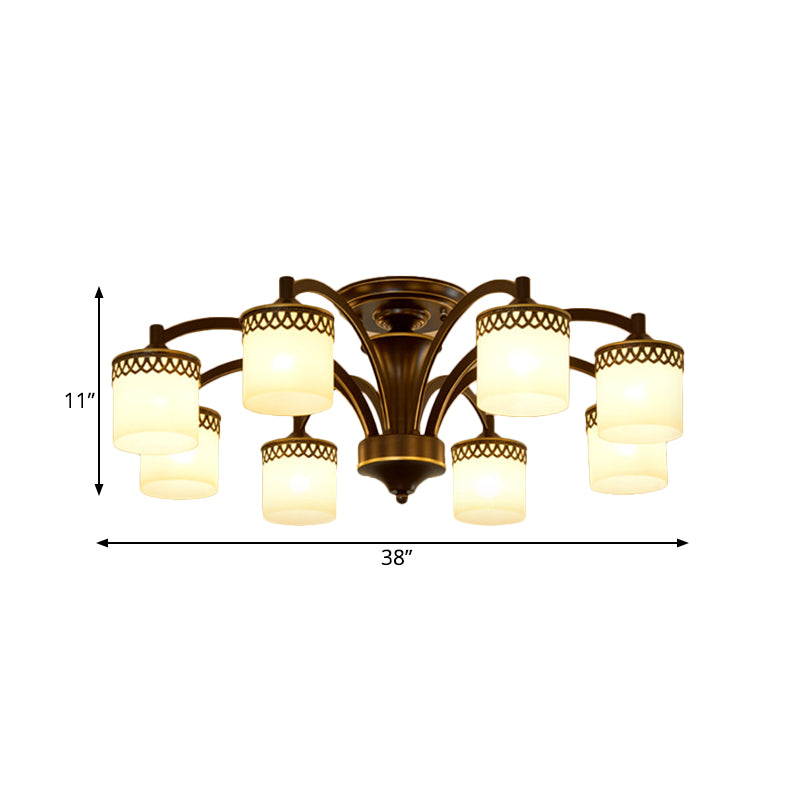 Traditional Cylinder Semi Flush Lighting 3/6/8 Bulbs Frosted Glass Flush Mount Ceiling Lamp in Black Clearhalo 'Ceiling Lights' 'Close To Ceiling Lights' 'Close to ceiling' 'Glass shade' 'Glass' 'Pendant Lights' 'Semi-flushmount' Lighting' 808686
