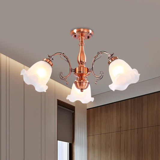 Copper 3/5/8 Lights Semi Flush Mount Lighting Country Cream Glass Flower Shape Flushmount Lamp 3 Copper Clearhalo 'Ceiling Lights' 'Close To Ceiling Lights' 'Close to ceiling' 'Glass shade' 'Glass' 'Semi-flushmount' Lighting' 808687
