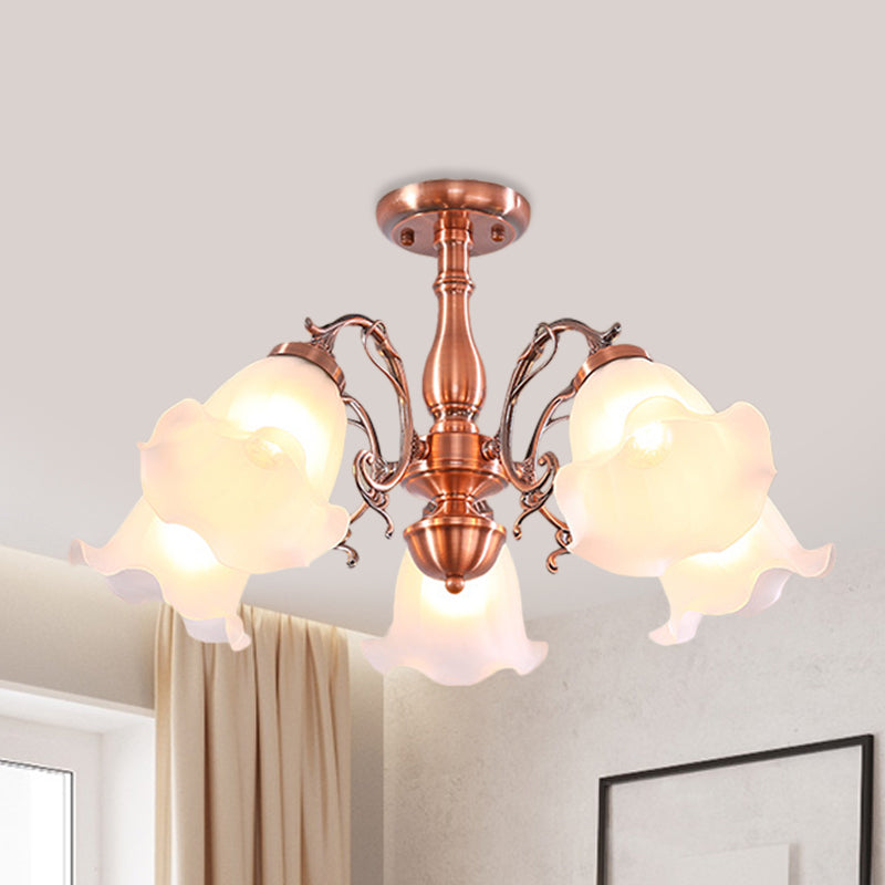 Copper 3/5/8 Lights Semi Flush Mount Lighting Country Cream Glass Flower Shape Flushmount Lamp 5 Copper Clearhalo 'Ceiling Lights' 'Close To Ceiling Lights' 'Close to ceiling' 'Glass shade' 'Glass' 'Semi-flushmount' Lighting' 808691