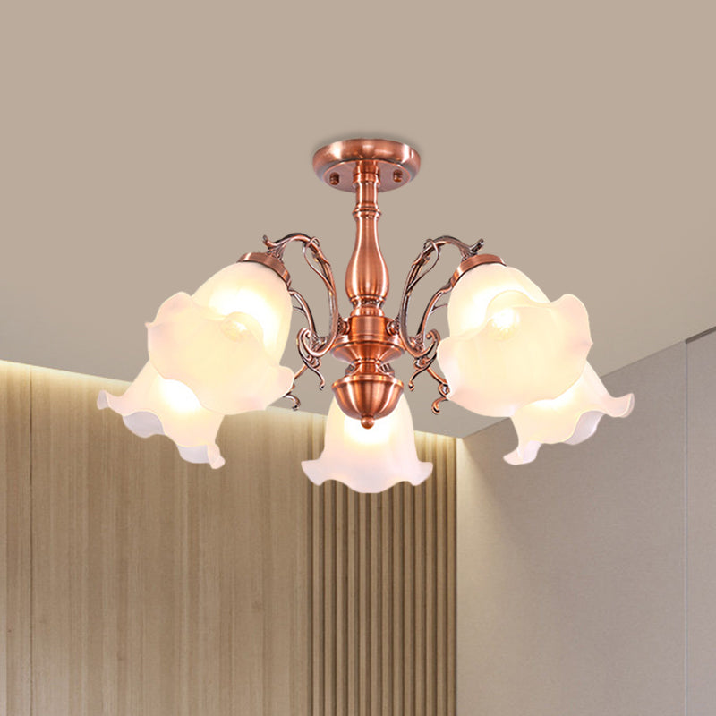 Copper 3/5/8 Lights Semi Flush Mount Lighting Country Cream Glass Flower Shape Flushmount Lamp Clearhalo 'Ceiling Lights' 'Close To Ceiling Lights' 'Close to ceiling' 'Glass shade' 'Glass' 'Semi-flushmount' Lighting' 808692