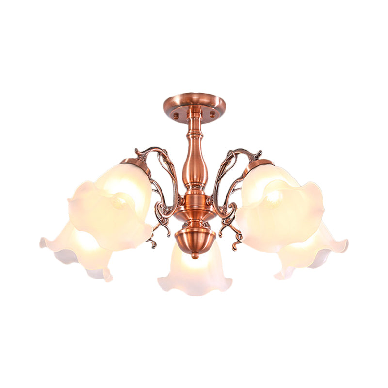Copper 3/5/8 Lights Semi Flush Mount Lighting Country Cream Glass Flower Shape Flushmount Lamp Clearhalo 'Ceiling Lights' 'Close To Ceiling Lights' 'Close to ceiling' 'Glass shade' 'Glass' 'Semi-flushmount' Lighting' 808694