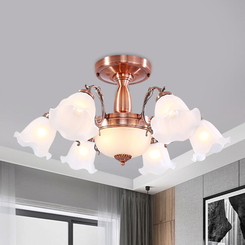 Copper 3/5/8 Lights Semi Flush Mount Lighting Country Cream Glass Flower Shape Flushmount Lamp 8 Copper Clearhalo 'Ceiling Lights' 'Close To Ceiling Lights' 'Close to ceiling' 'Glass shade' 'Glass' 'Semi-flushmount' Lighting' 808696