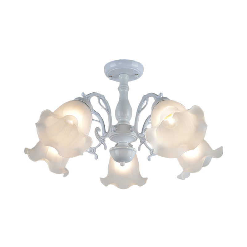 3/5-Light Flower Semi-Flush Ceiling Light Countryside White/Black Finish Cream Glass Flush Mounted Lamp Clearhalo 'Ceiling Lights' 'Close To Ceiling Lights' 'Close to ceiling' 'Glass shade' 'Glass' 'Semi-flushmount' Lighting' 808725