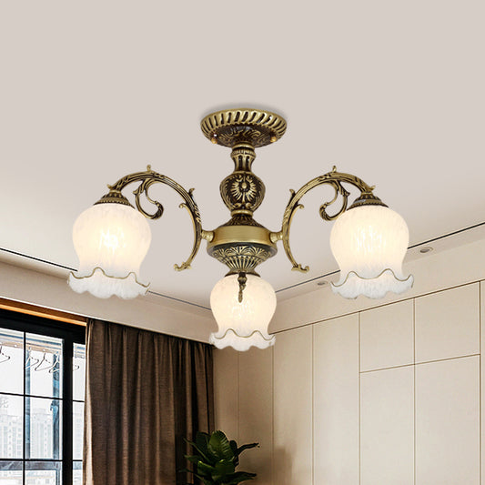 Frosted White Glass Bronze Semi Flush Lamp Flower 3/5/6-Bulb Antiqued Flush Ceiling Lighting 3 Bronze
