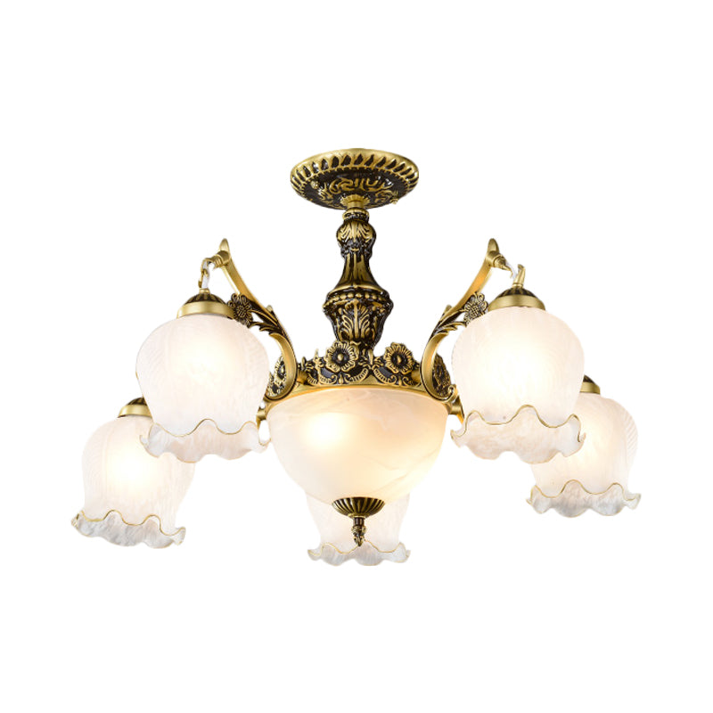 Bronze Finish Floral-Shape Semi Mount Lighting Warehouse White Glass 7/9/11-Light Living Room Ceiling Flush Clearhalo 'Ceiling Lights' 'Chandeliers' 'Close To Ceiling Lights' 'Close to ceiling' 'Glass shade' 'Glass' 'Semi-flushmount' Lighting' 808747