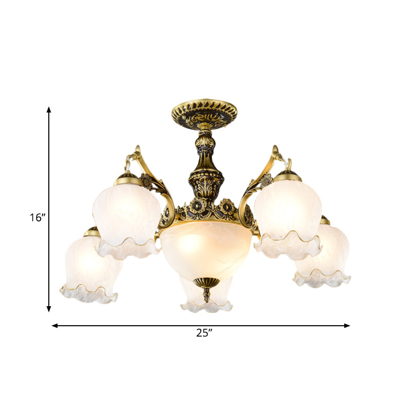 Bronze Finish Floral-Shape Semi Mount Lighting Warehouse White Glass 7/9/11-Light Living Room Ceiling Flush Clearhalo 'Ceiling Lights' 'Chandeliers' 'Close To Ceiling Lights' 'Close to ceiling' 'Glass shade' 'Glass' 'Semi-flushmount' Lighting' 808748