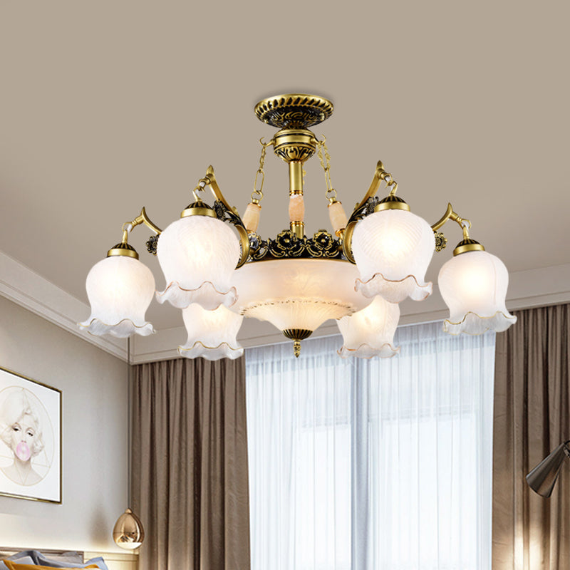 Bronze Finish Floral-Shape Semi Mount Lighting Warehouse White Glass 7/9/11-Light Living Room Ceiling Flush Clearhalo 'Ceiling Lights' 'Chandeliers' 'Close To Ceiling Lights' 'Close to ceiling' 'Glass shade' 'Glass' 'Semi-flushmount' Lighting' 808750
