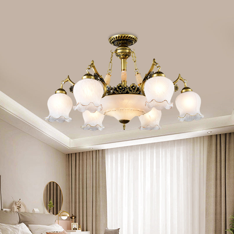 Bronze Finish Floral-Shape Semi Mount Lighting Warehouse White Glass 7/9/11-Light Living Room Ceiling Flush Clearhalo 'Ceiling Lights' 'Chandeliers' 'Close To Ceiling Lights' 'Close to ceiling' 'Glass shade' 'Glass' 'Semi-flushmount' Lighting' 808751