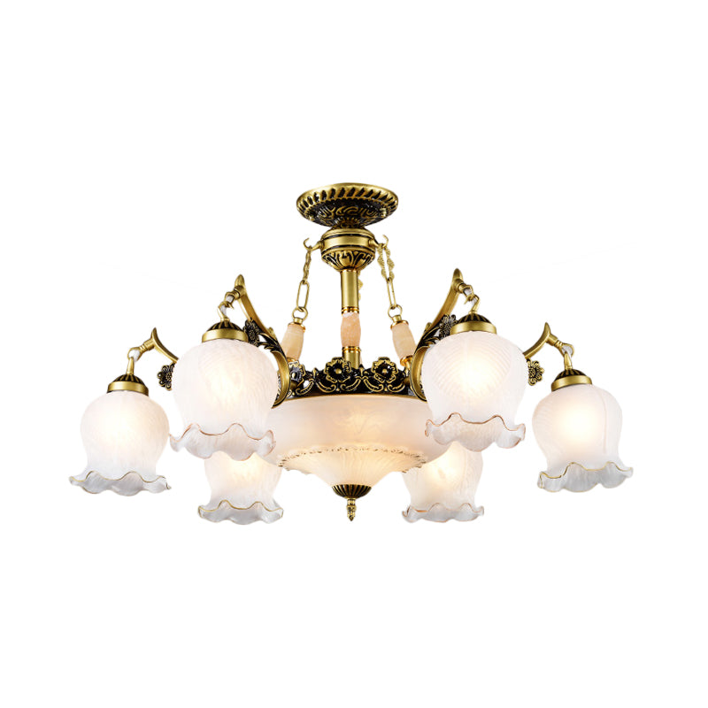 Bronze Finish Floral-Shape Semi Mount Lighting Warehouse White Glass 7/9/11-Light Living Room Ceiling Flush Clearhalo 'Ceiling Lights' 'Chandeliers' 'Close To Ceiling Lights' 'Close to ceiling' 'Glass shade' 'Glass' 'Semi-flushmount' Lighting' 808752