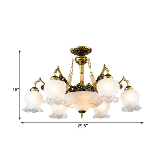 Bronze Finish Floral-Shape Semi Mount Lighting Warehouse White Glass 7/9/11-Light Living Room Ceiling Flush Clearhalo 'Ceiling Lights' 'Chandeliers' 'Close To Ceiling Lights' 'Close to ceiling' 'Glass shade' 'Glass' 'Semi-flushmount' Lighting' 808753