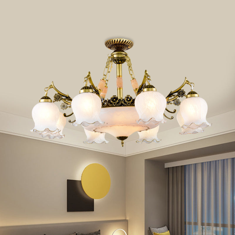 Bronze Finish Floral-Shape Semi Mount Lighting Warehouse White Glass 7/9/11-Light Living Room Ceiling Flush Clearhalo 'Ceiling Lights' 'Chandeliers' 'Close To Ceiling Lights' 'Close to ceiling' 'Glass shade' 'Glass' 'Semi-flushmount' Lighting' 808755