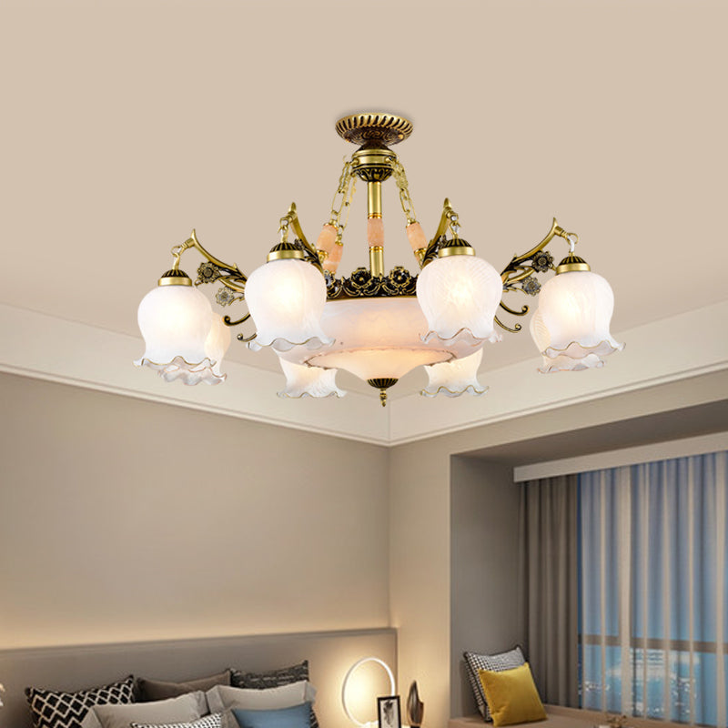 Bronze Finish Floral-Shape Semi Mount Lighting Warehouse White Glass 7/9/11-Light Living Room Ceiling Flush Clearhalo 'Ceiling Lights' 'Chandeliers' 'Close To Ceiling Lights' 'Close to ceiling' 'Glass shade' 'Glass' 'Semi-flushmount' Lighting' 808756