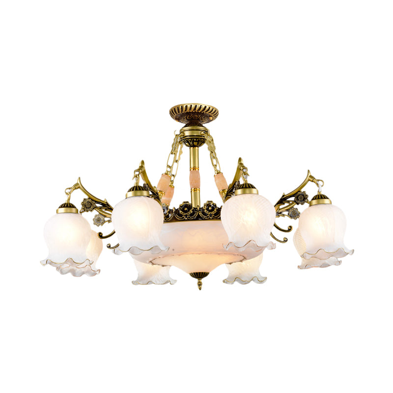 Bronze Finish Floral-Shape Semi Mount Lighting Warehouse White Glass 7/9/11-Light Living Room Ceiling Flush Clearhalo 'Ceiling Lights' 'Chandeliers' 'Close To Ceiling Lights' 'Close to ceiling' 'Glass shade' 'Glass' 'Semi-flushmount' Lighting' 808757