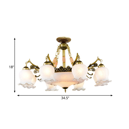 Bronze Finish Floral-Shape Semi Mount Lighting Warehouse White Glass 7/9/11-Light Living Room Ceiling Flush Clearhalo 'Ceiling Lights' 'Chandeliers' 'Close To Ceiling Lights' 'Close to ceiling' 'Glass shade' 'Glass' 'Semi-flushmount' Lighting' 808758