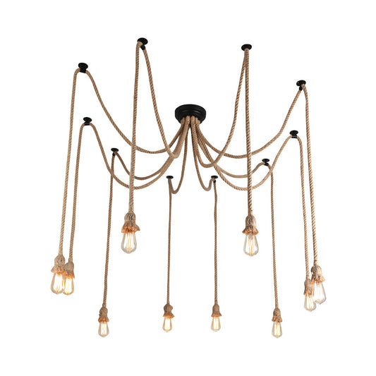 Farmhouse Style Swag Pendant Lighting with Bare Bulb 8/10 Lights Rope Hanging Light Fixture in Beige - Clearhalo - 'Ceiling Lights' - 'Industrial Pendants' - 'Industrial' - 'Middle Century Pendants' - 'Pendant Lights' - 'Pendants' - 'Tiffany' - Lighting' - 8087