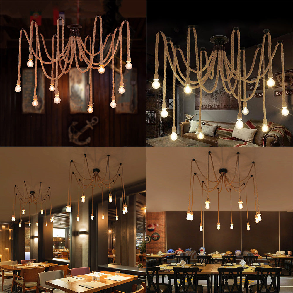 Farmhouse Style Swag Pendant Lighting with Bare Bulb 8/10 Lights Rope Hanging Light Fixture in Beige Clearhalo 'Ceiling Lights' 'Industrial Pendants' 'Industrial' 'Middle Century Pendants' 'Pendant Lights' 'Pendants' 'Tiffany' Lighting' 8089