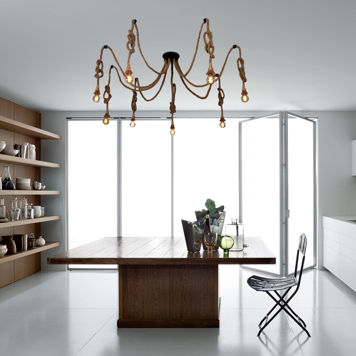 Farmhouse Style Swag Pendant Lighting with Bare Bulb 8/10 Lights Rope Hanging Light Fixture in Beige 8 Beige Clearhalo 'Ceiling Lights' 'Industrial Pendants' 'Industrial' 'Middle Century Pendants' 'Pendant Lights' 'Pendants' 'Tiffany' Lighting' 8091