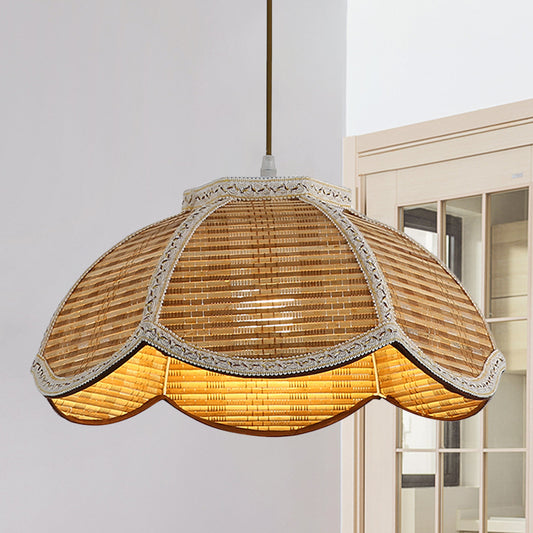 Hand Woven Scalloped Hanging Lamp Asian Bamboo 1 Bulb Restaurant Ceiling Pendant with Braided Trim Clearhalo 'Ceiling Lights' 'Pendant Lights' 'Pendants' Lighting' 809159