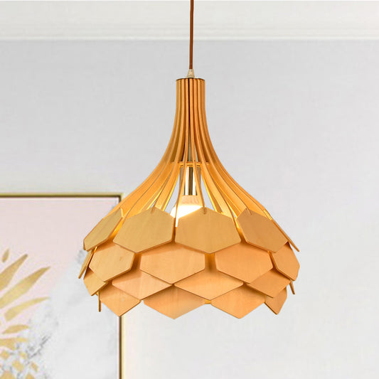 Teardrop Pendant Light Fixture Asia Wood Single Beige Hanging Lamp with Pinecone Element Clearhalo 'Ceiling Lights' 'Pendant Lights' 'Pendants' Lighting' 809170