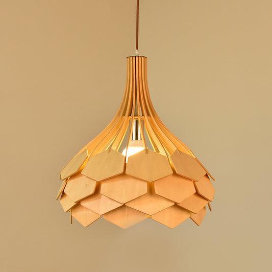 Teardrop Pendant Light Fixture Asia Wood Single Beige Hanging Lamp with Pinecone Element Clearhalo 'Ceiling Lights' 'Pendant Lights' 'Pendants' Lighting' 809172