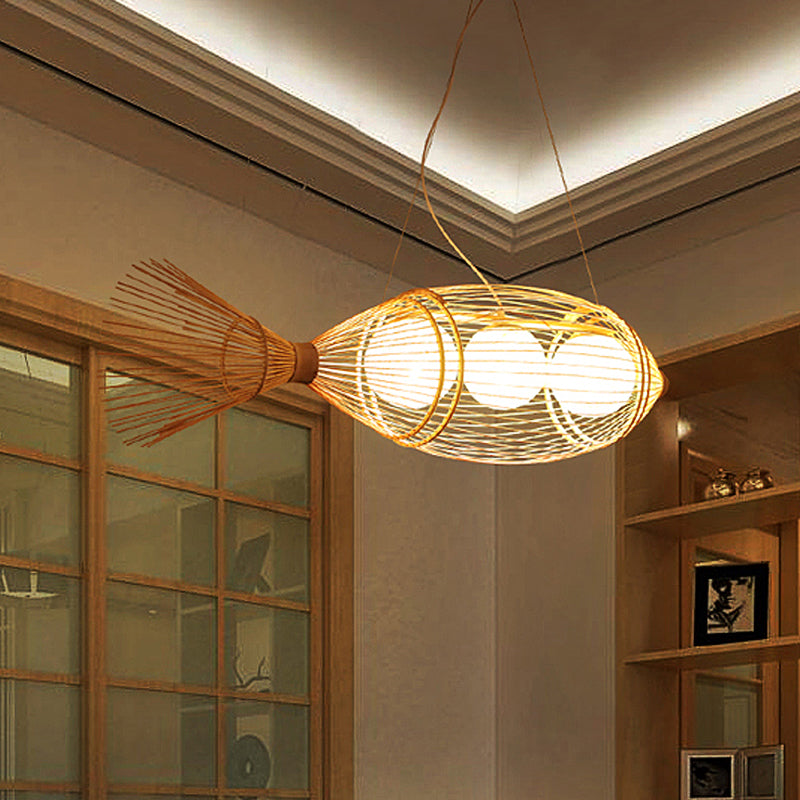Chinese Fish Shaped Pendant Lamp Bamboo 3 Lights Bistro Chandelier with Ball  Shade Inside in Wood - Clearhalo