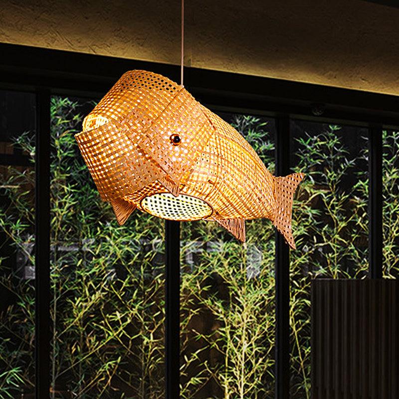 Carp Fish Restaurant Hanging Light Bamboo Woven 1-Light Chinese Ceiling Pendant in Beige Clearhalo 'Ceiling Lights' 'Pendant Lights' 'Pendants' Lighting' 809189