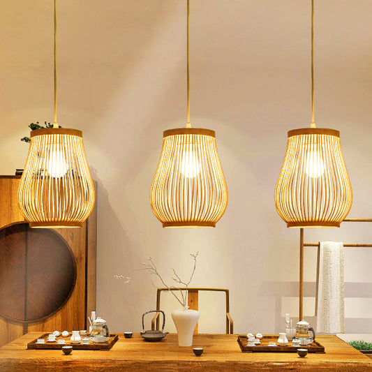 Hand-Worked Pear Cage Drop Pendant Asia Bamboo 1 Bulb Terrace Ceiling Light in Wood Clearhalo 'Ceiling Lights' 'Pendant Lights' 'Pendants' Lighting' 809194